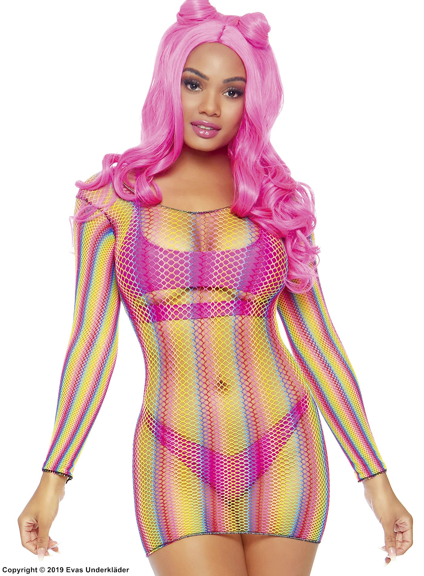 Night mini dress, fishnet, long sleeves, colorful stripes